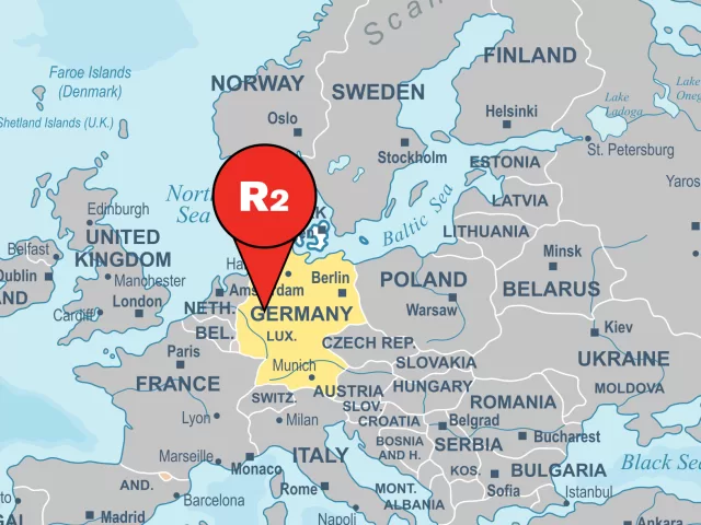 carte de l'europe avec un pointer R2 en Allemagne