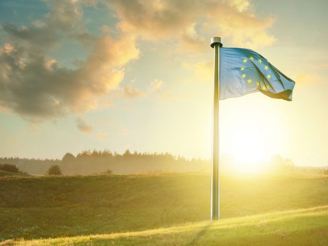 european union flag on sunset landscape (Demo)