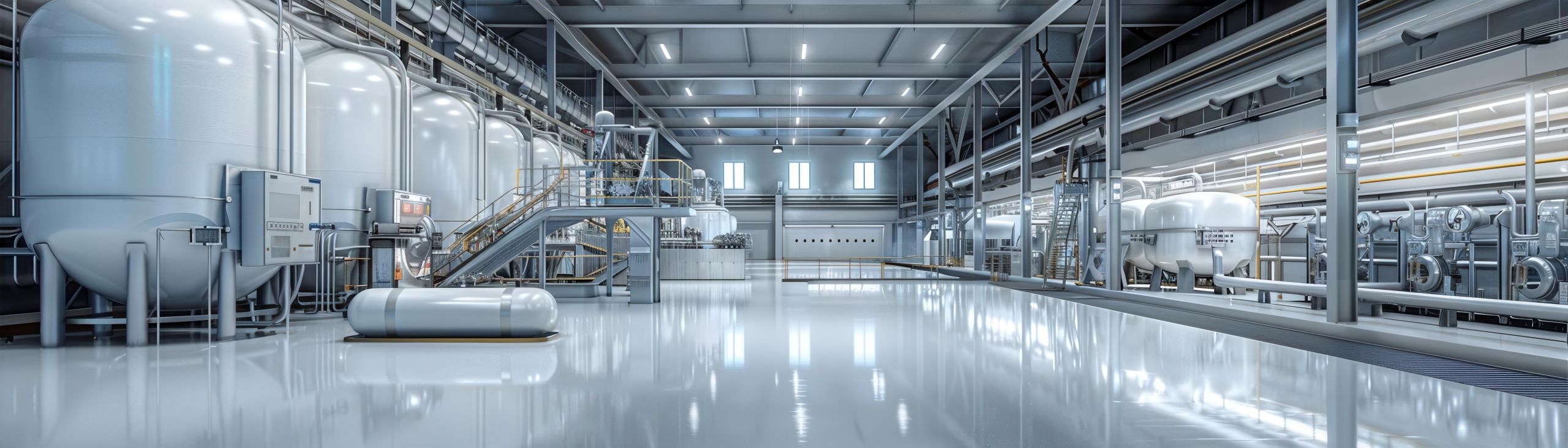 Interior render of an electrolysis water splitting plant, showing detailed machinery water tanks, designed for hydrogen production, in sterile white and steel colors..